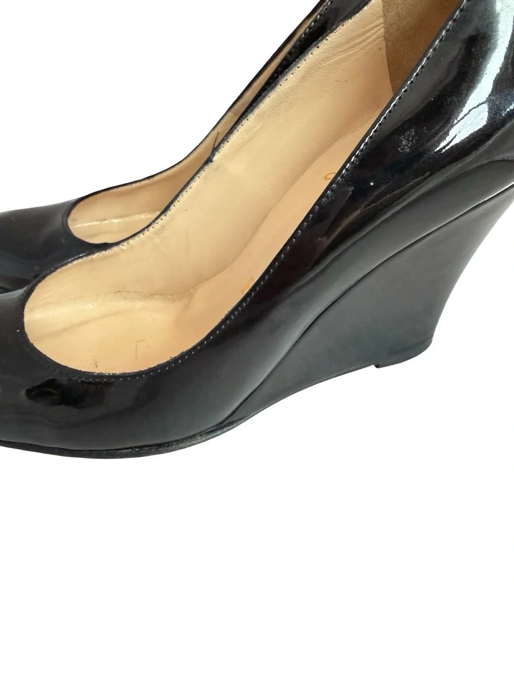 Christian Louboutin Black Patent Leather Round Toe Wedge Pumps Size 6 Women's